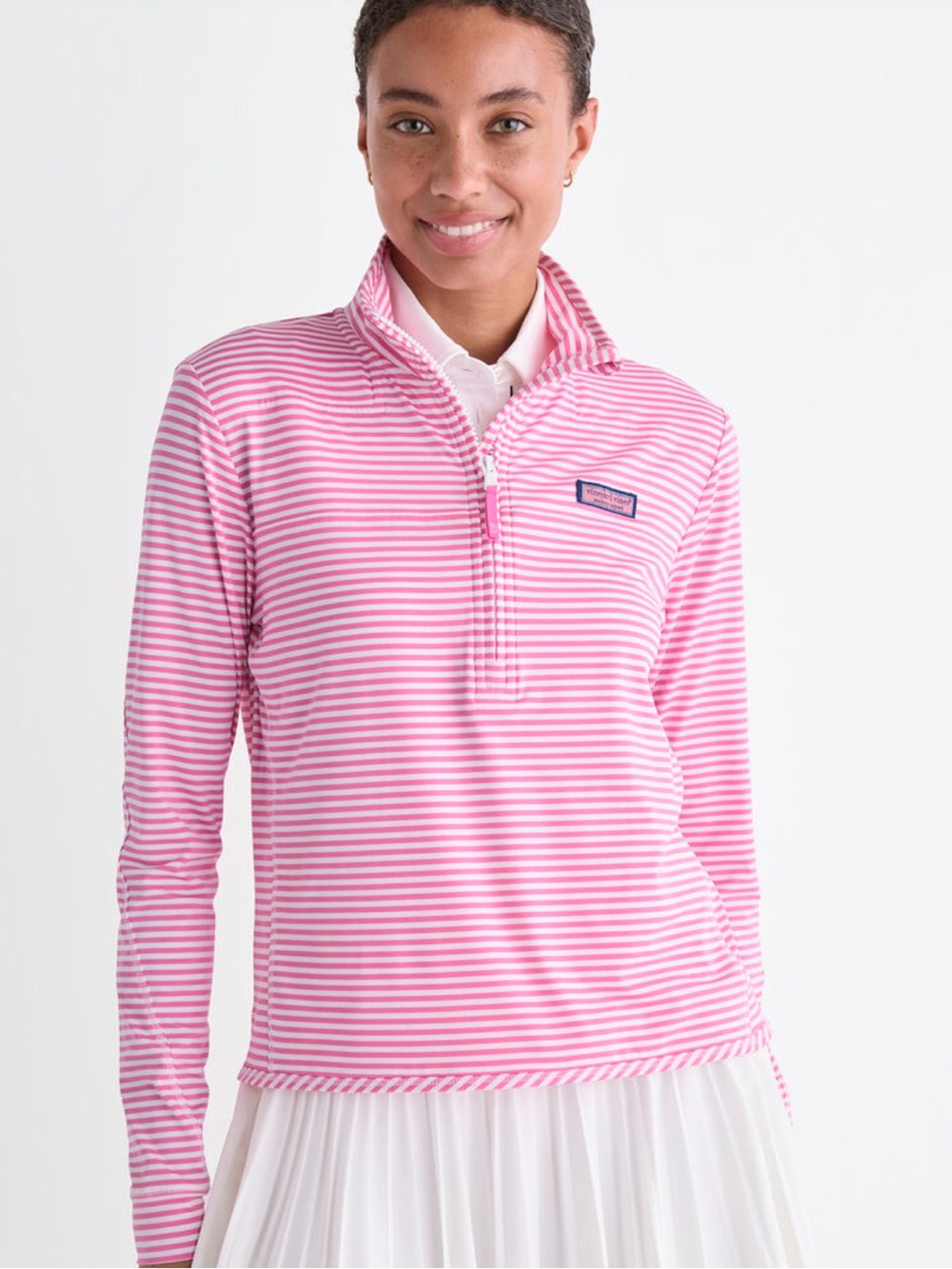 Vineyard Vines Pink White Stripe Shep Shirt Performance Athletic Long Sleeve Zip